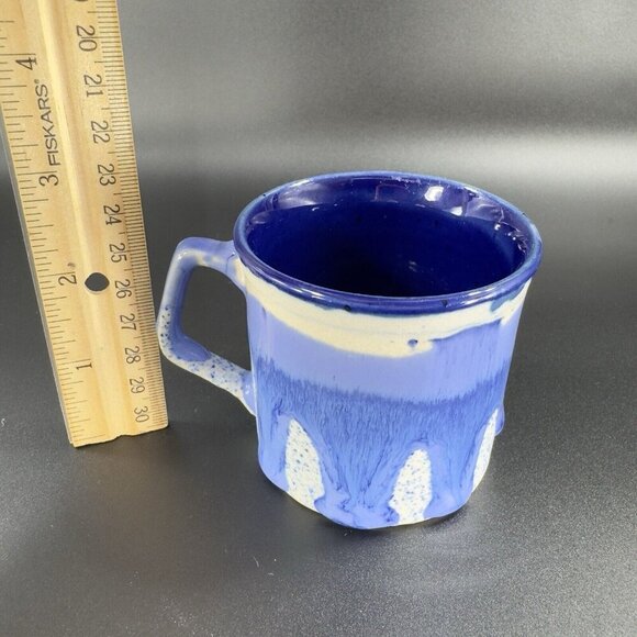 Vintage 1980s Blue Drip Glaze Pottery Coffee Mug Cup Set 2 Hand Made Stoneware - Picture 5 of 16